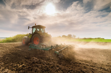 Naklejka premium Tractor preparing land