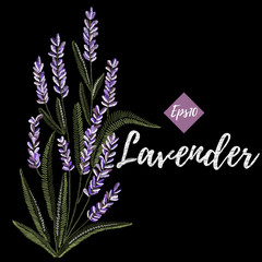Embroidery colorful ethnic floral design with lavender. Vector flowers ornament on black background for fashion design..