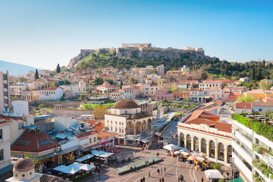Skyline of Athenth with Moanstiraki square and Acropolis hill, Athens Greece