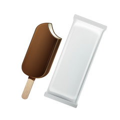 Vector Classic Popsicle Choc-ice Lollipop Ice Cream in Chocolate Glaze on Stick with White Plastic Foil Wrapper for Branding Package Design Close up Isolated on White Background