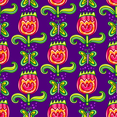 Seamless endless floral pattern with decorative tropical flowers and cute butterfly, isolated on light background. Can be used as wallpaper or wrapping paper. Vector illustration