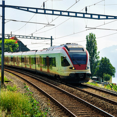 Fototapeta na wymiar Running train in Vineyard Terraces of Lavaux Switzerland