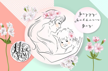 Mothers day greeting card. Flowers and mother with a baby in her arms. Vector illustration - 143269494