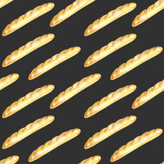 Seamless pattern with French baguettes hand drawn in watercolor on a dark background