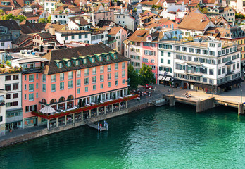 Fototapeta na wymiar Historical Buildings at Limmat Quay of Zurich