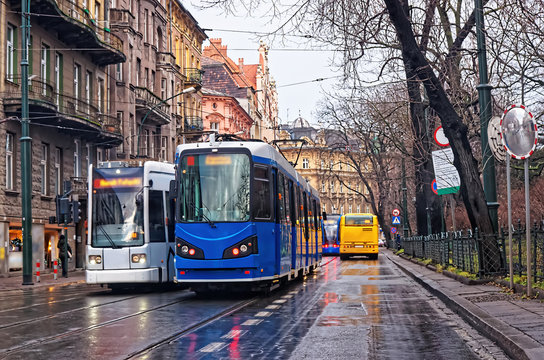 Running trams in city center of Krakow