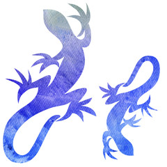 Decorative watercolor blue lizard reptiles isolated on white background, hand drawn abstract...