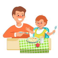 Vector illustration of happy father feeding her child in flat style on white background. Meal in a kindergarten or home. Concept complementary food