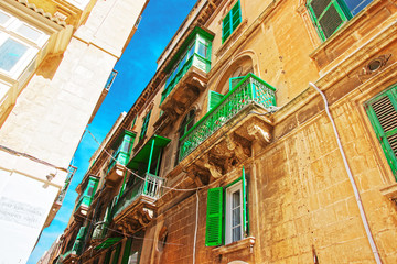 Houses with green balconies at Valletta old town