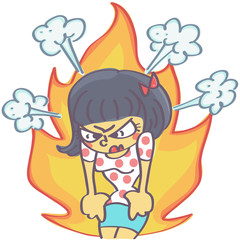 Cute vector cartoon with angry girl with fire and steam coming out of her.