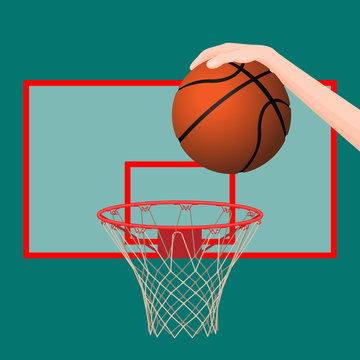 Hand throwing ball in basketball hoop colorful picture