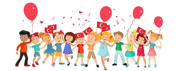 Children with flags and balloons. April 23, Children's Day