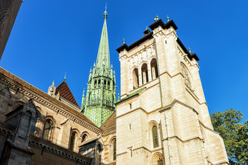 Fototapeta na wymiar Steeple of St Pierre Cathedral in old town in Geneva