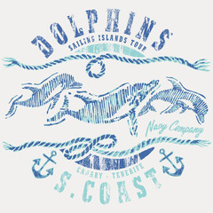 Sailing island tour emblem with dolphins