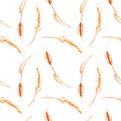 Seamless pattern with wheat spikelets hand drawn in watercolor on a white background
