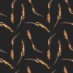 Seamless pattern with wheat spikelets hand drawn in watercolor on a dark background
