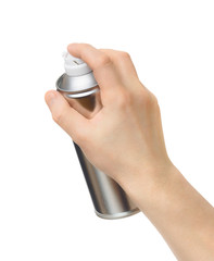 spray can in the male hand on white background - 143274079