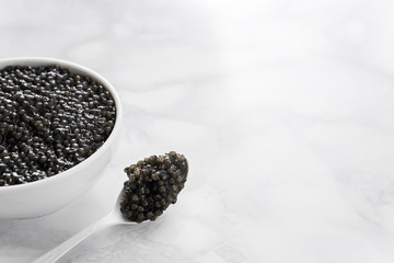 Fototapeta na wymiar black caviar in bowl and on white shoop on marble background