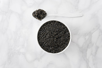 black caviar in bowl and on white shoop on marble  background