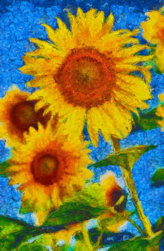 Sunflowers painting. Van Gogh style imitation