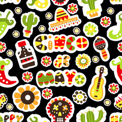Seamless pattern. Mexican holiday Cinco de Mayo. Hand drawn packaging design or wallpaper. Vector illustration.