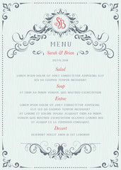 Ornate classic wedding menu design in vintage style on texture background. Vector template.