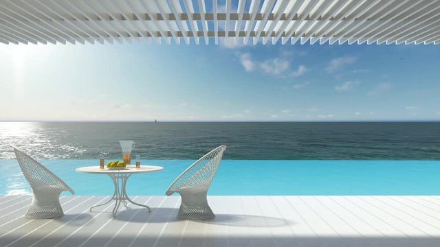 Minimalist terrace  with infinity pool and relax area, armchairs and table for breakfast, beautiful panorama on summer morning sea ocean