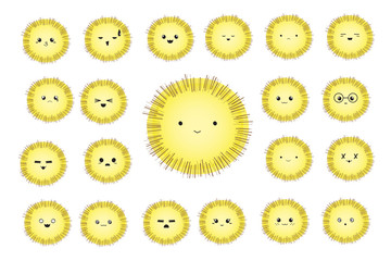 Funny cute cartoon comic characters with different emotions. Round fluffy cheerful smileys. Set of icons isolated on white background. Vector illustration