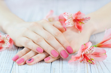 Woman hands with pink manicure on finger nails and delicate flowers