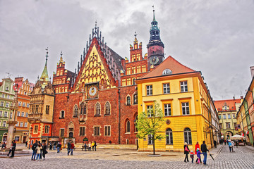 People at Old Town Hall of Market Square in Wroclaw