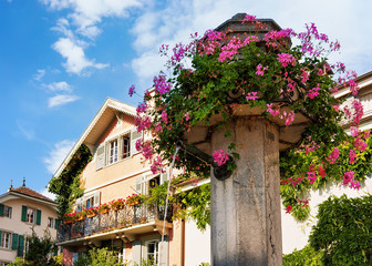 Fototapeta na wymiar Fountain with flowers in Vevey