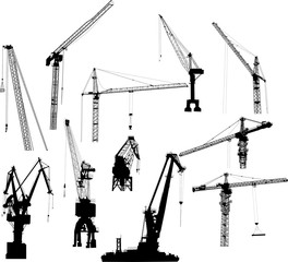 set of eleven industrial cranes isolated on white