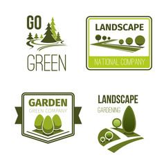 Landscape design, gardening service emblem set
