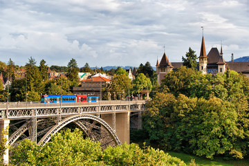 Panorama with Kirchenfeld bridge with tramway and Historical Museum Bern