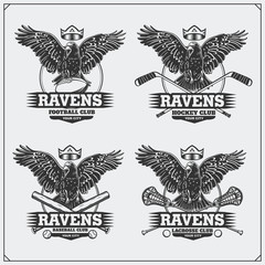 Fototapeta premium Football, baseball, lacrosse and hockey logos and labels. Sport club emblems with raven.