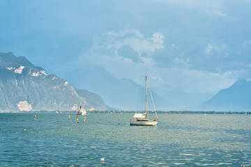 Ship and people at Geneva Lake of Vevey Switzerland
