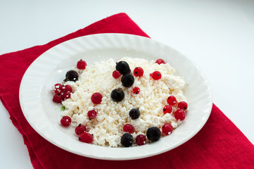 Homemade cottage cheese with red and black currants