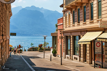 Street in Montreux town center at Geneva Lake - obrazy, fototapety, plakaty