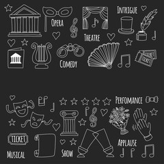 Hand drawn doodle Theatre set Vector illustration Sketchy theater icons Ticket Masks Lyra Flowers Curtain stage Musical notes Pointe shoes Make-up artist tools Theatre acting performance elements
