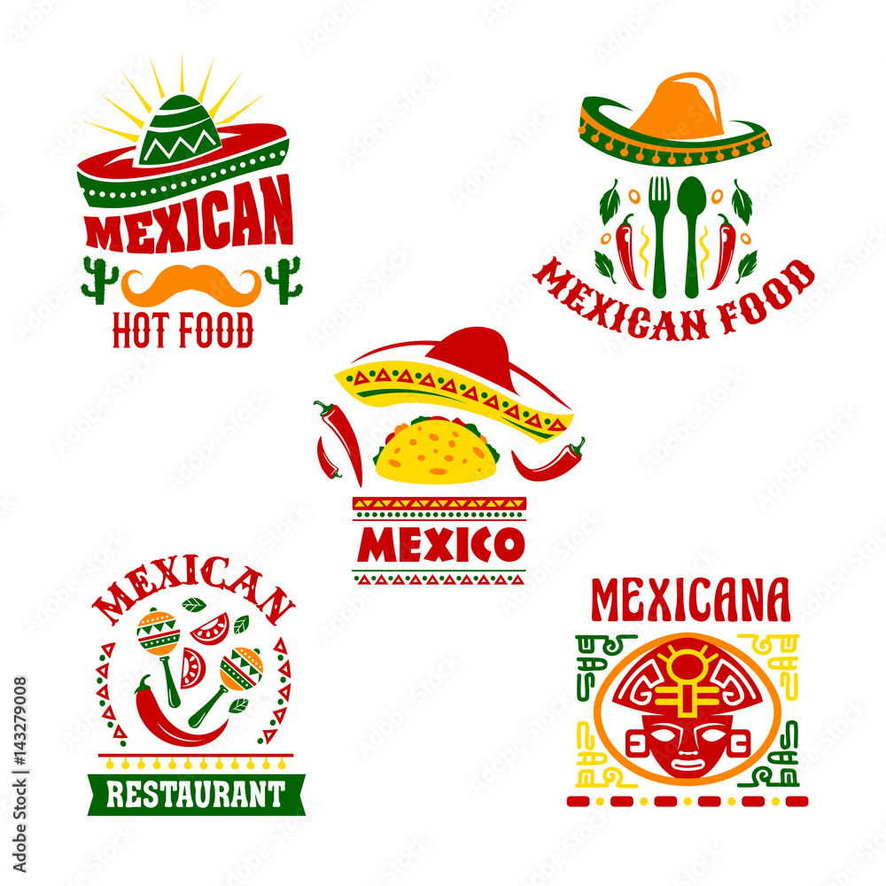 Wall mural mexican fast food restaurant emblem set design