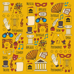 Hand drawn doodle Theatre set Vector illustration Sketchy theater icons Ticket Masks Lyra Flowers Curtain stage Musical notes Pointe shoes Make-up artist tools Theatre acting performance elements