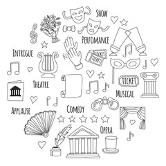 Hand drawn doodle Theatre set Vector illustration Sketchy theater icons Ticket Masks Lyra Flowers Curtain stage Musical notes Pointe shoes Make-up artist tools Theatre acting performance elements