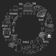 Hand drawn doodle Theatre set Vector illustration Sketchy theater icons Ticket Masks Lyra Flowers Curtain stage Musical notes Pointe shoes Make-up artist tools Theatre acting performance elements