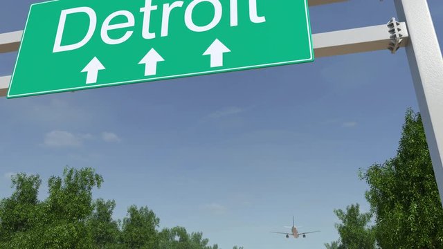 Airplane arriving to Detroit airport. Travelling to United States conceptual 4K animation