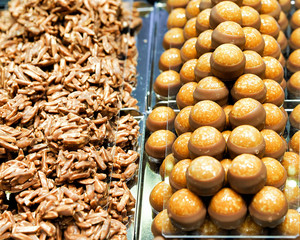 Selection of Swiss caramelized chocolate sweets with nut