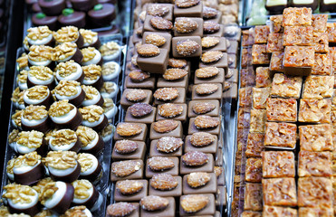 Selection of Swiss caramelized chocolate sweets with almonds and walnuts