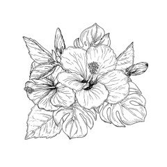 Beautiful floral hand drawn sketch tropical bouquet, bunch of hibiscus flowers and palm leaves arrangement, black ink draft isolated on white background. Vector illustration.