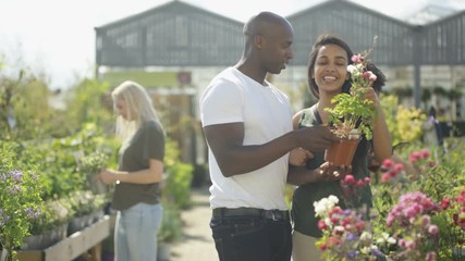 Customers shopping in plant nursery & worker with tablet computer - Powered by Adobe