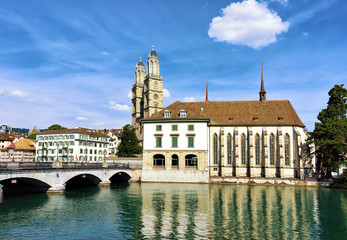 Limmat River Quay with Grossmunster Church and Wasserkirche in Zurich
