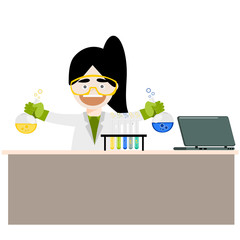 Cartoon chemistry concept with chemistry woman. Chemistry laboratory. Chemistry test. Chemistry experiment. Children are studying and working in chemistry lab. Isolated chemistry